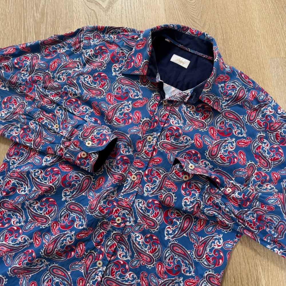 Brioni Paisley Button Down Shirt Mens Large Blue Red Long Sleeve Made in Italy